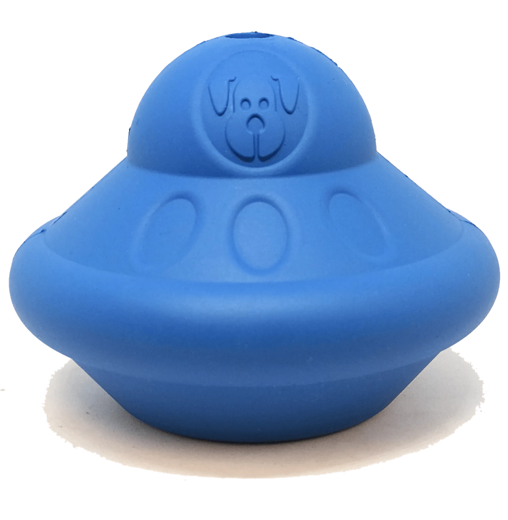SodaPup SN Flying Saucer durable rubber dog chew toy with treat dispenser, designed for interactive play and dental health.