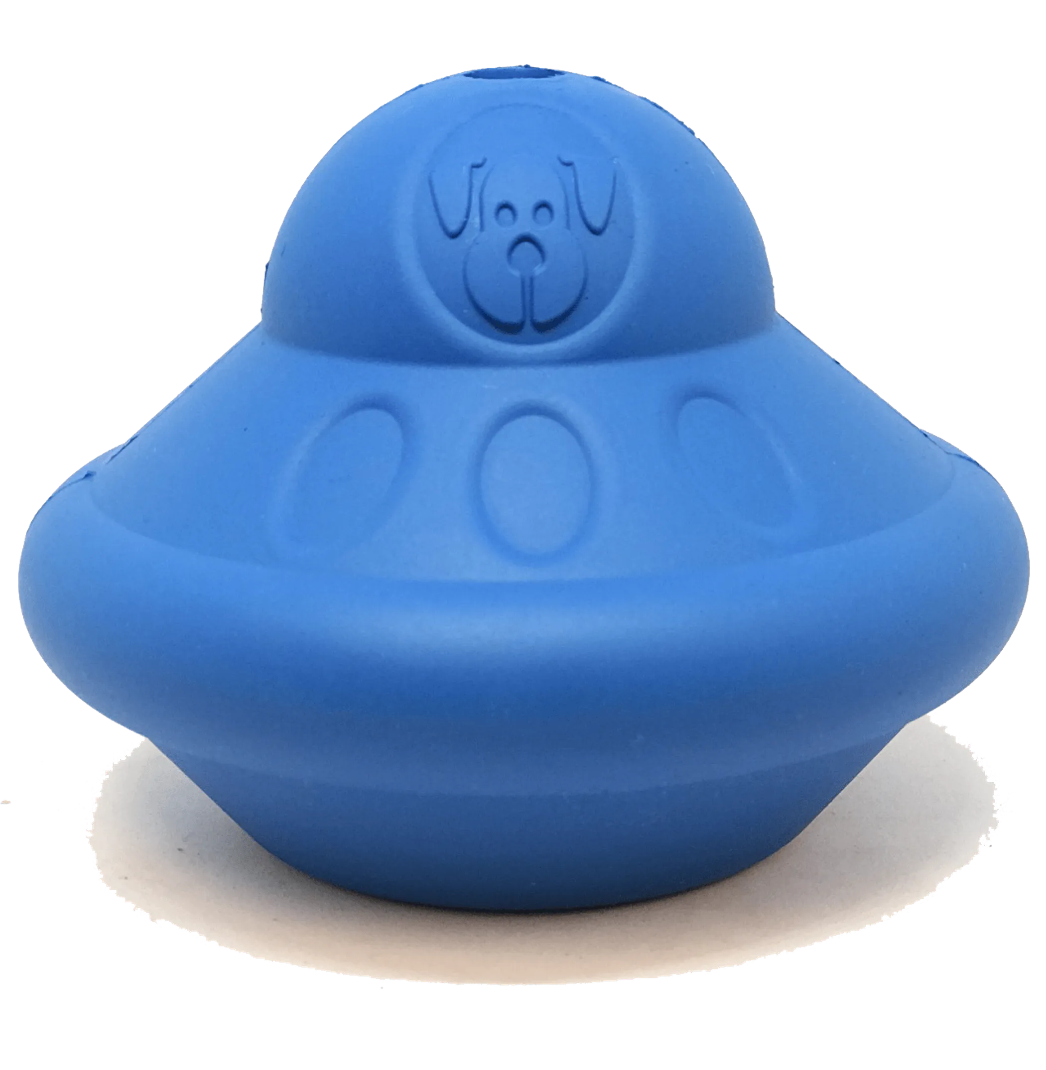 SodaPup SN Flying Saucer durable rubber dog toy with treat dispenser, designed for interactive play and chewing.