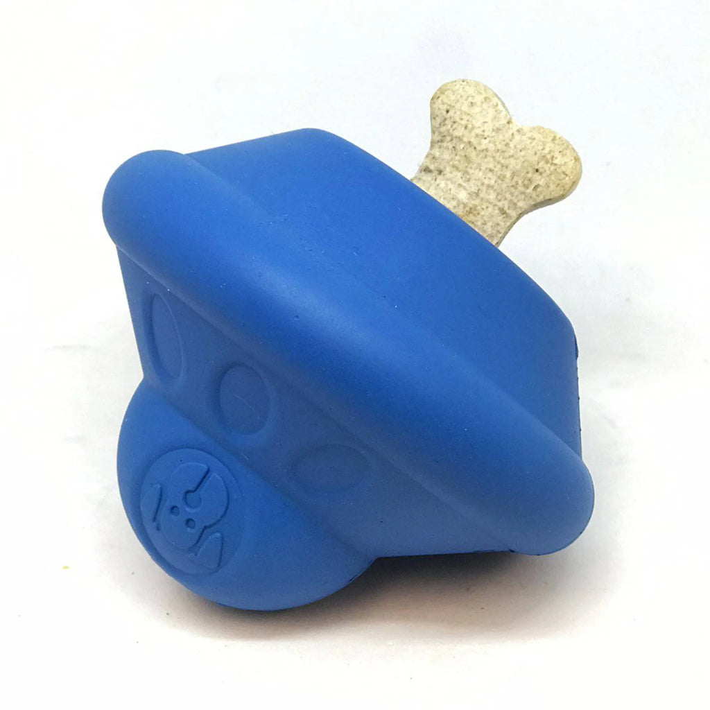 SodaPup SN Flying Saucer durable rubber dog chew toy with treat dispenser, designed for playful dogs and interactive chewing.