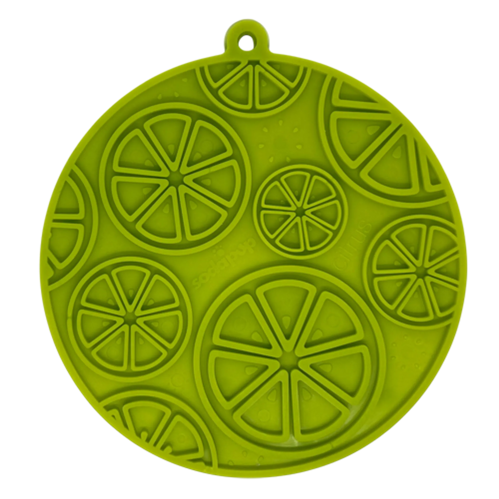 SodaPup Citrus Design eMat enrichment lick mat for dogs and cats, featuring a colorful citrus pattern on a flexible pet bowl.