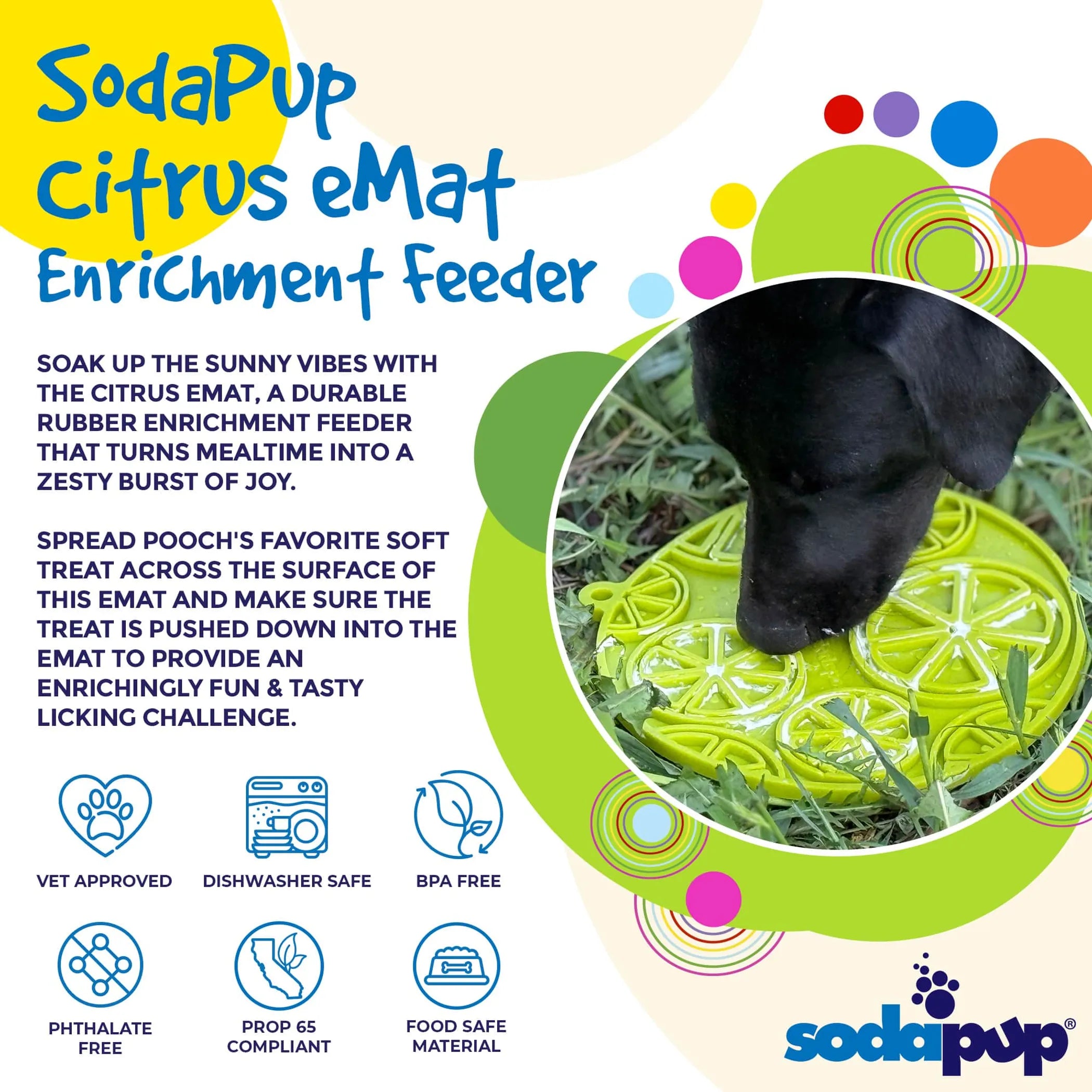 SodaPup Citrus Design eMat enrichment lick mat for dogs and cats, featuring colorful citrus pattern, pet bowl for interactive feeding
