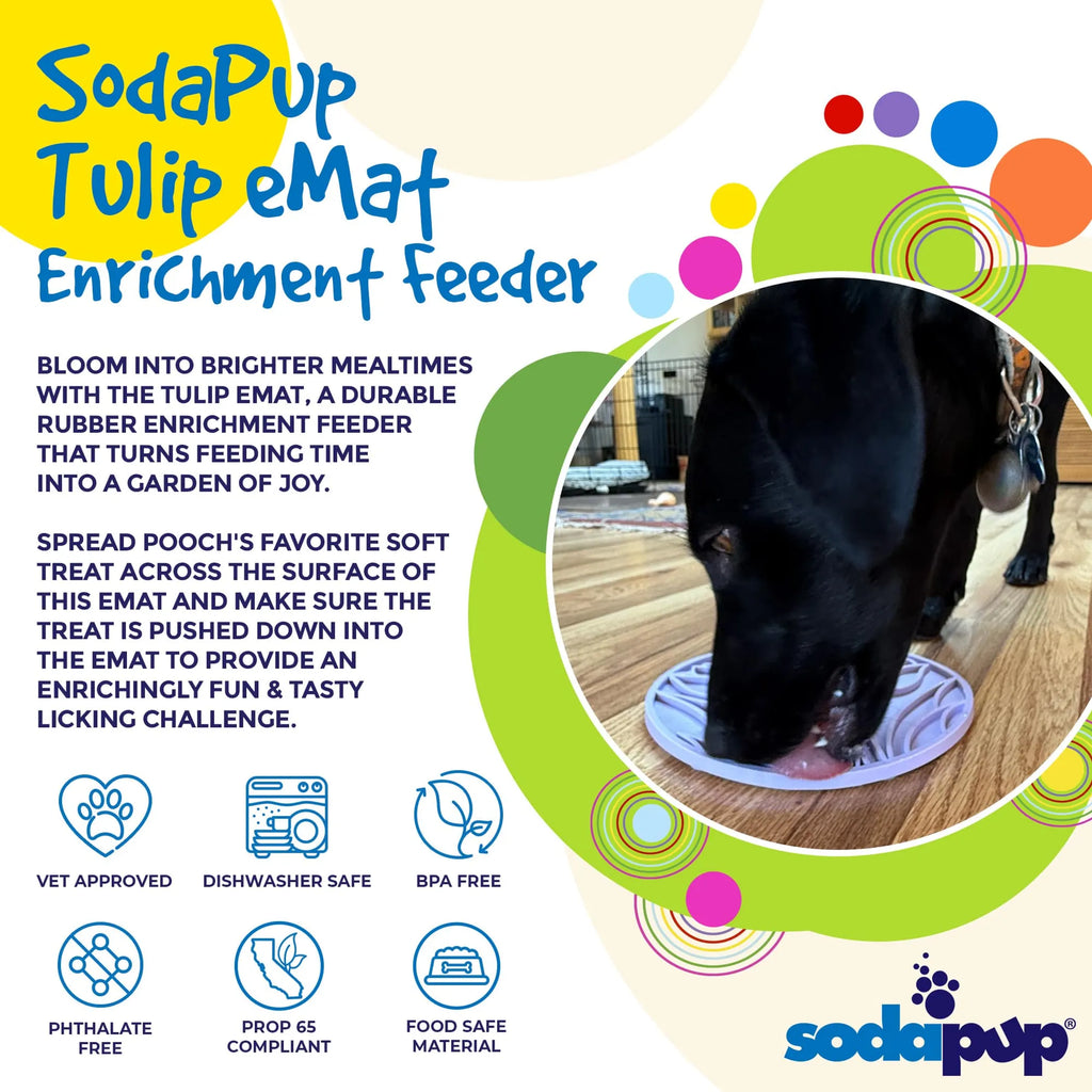 SodaPup Tulip Design eMat enrichment lick mat for dogs and cats, featuring colorful tulip patterns and textured surface for interactive play.