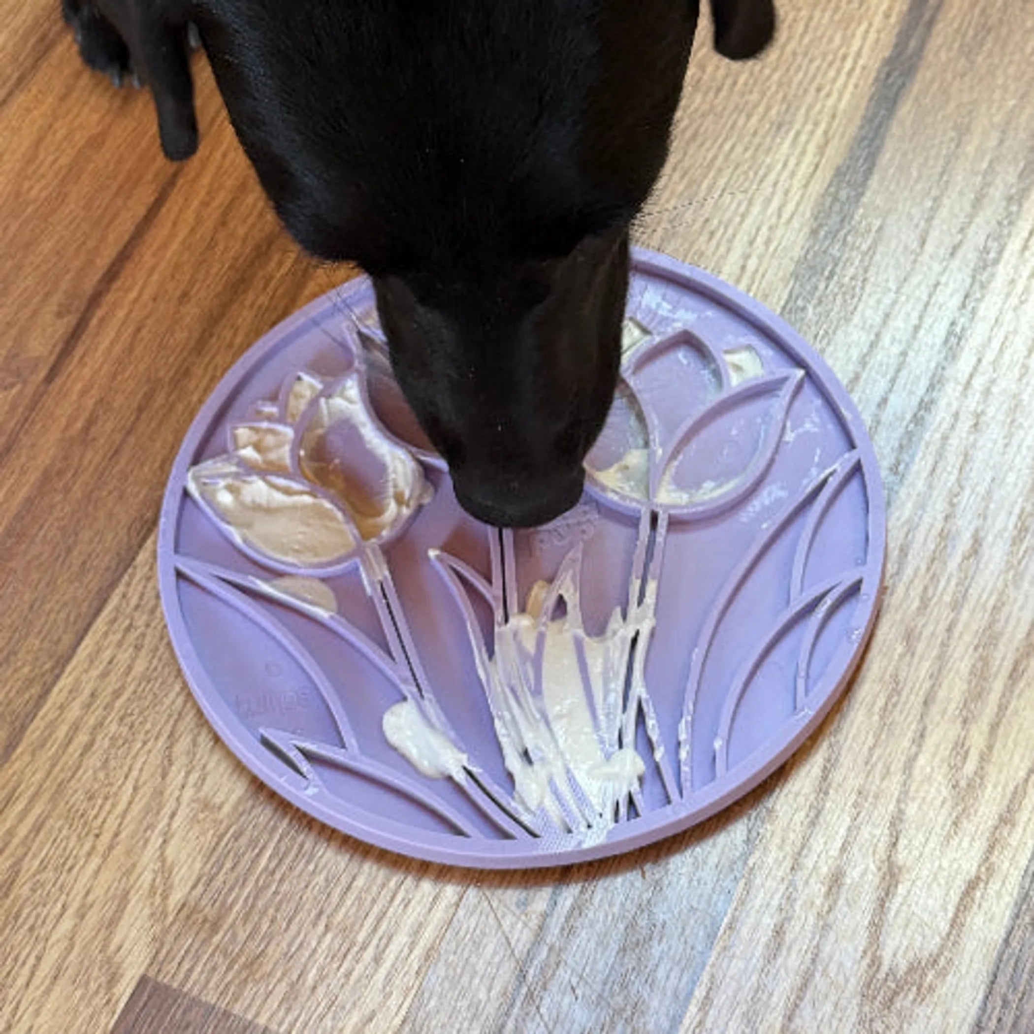 SodaPup Tulip Design eMat enrichment lick mat for dogs and cats, featuring a colorful tulip pattern on a durable pet bowl surface.