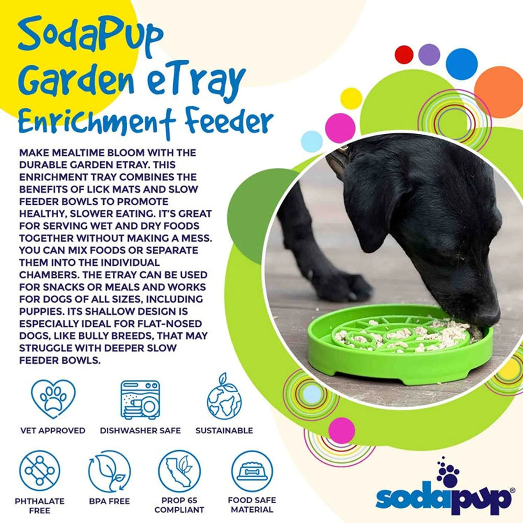 SodaPup Garden Design eTray shallow slow feeder dog bowl in earthy green with garden pattern, made for slow feeding and easy eating.
