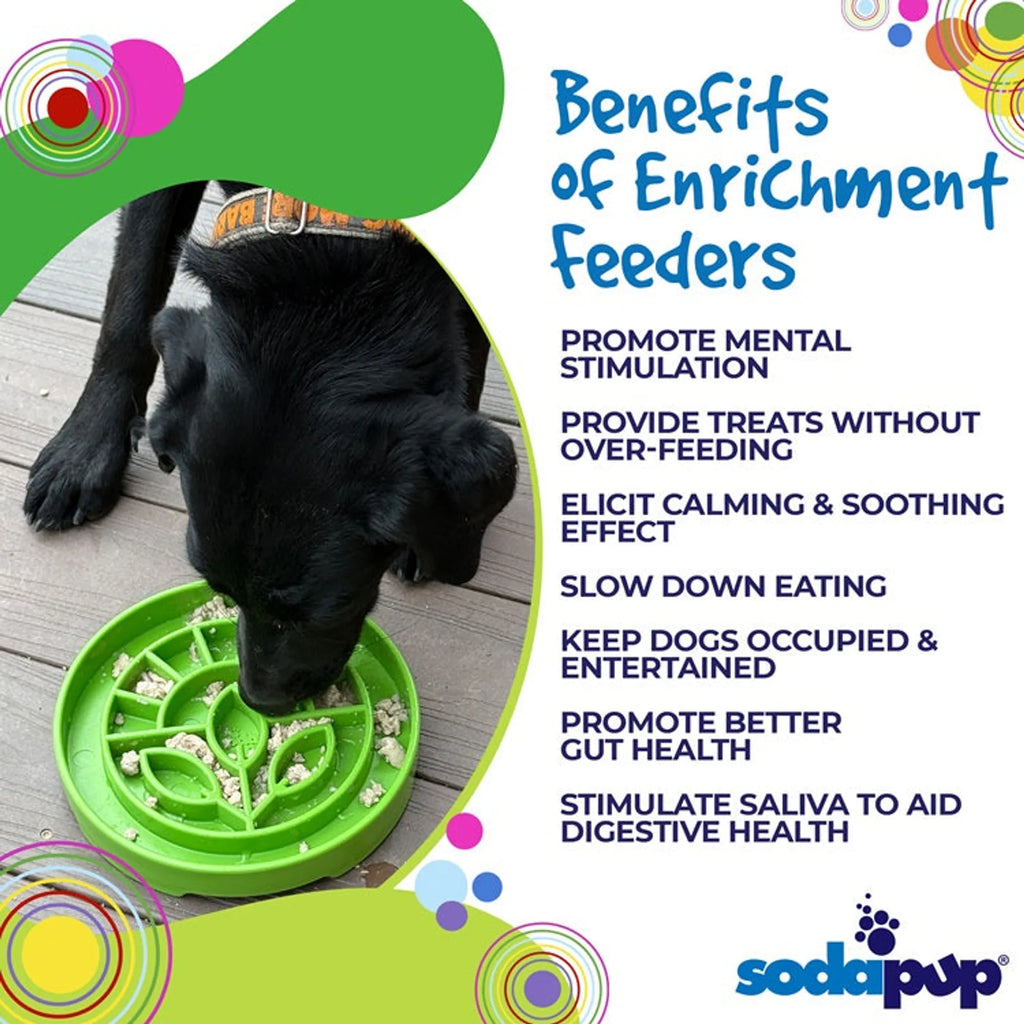 SodaPup Garden Design eTray shallow slow feeder dog bowl with colorful garden pattern, made for slow feeding and pet mealtime.