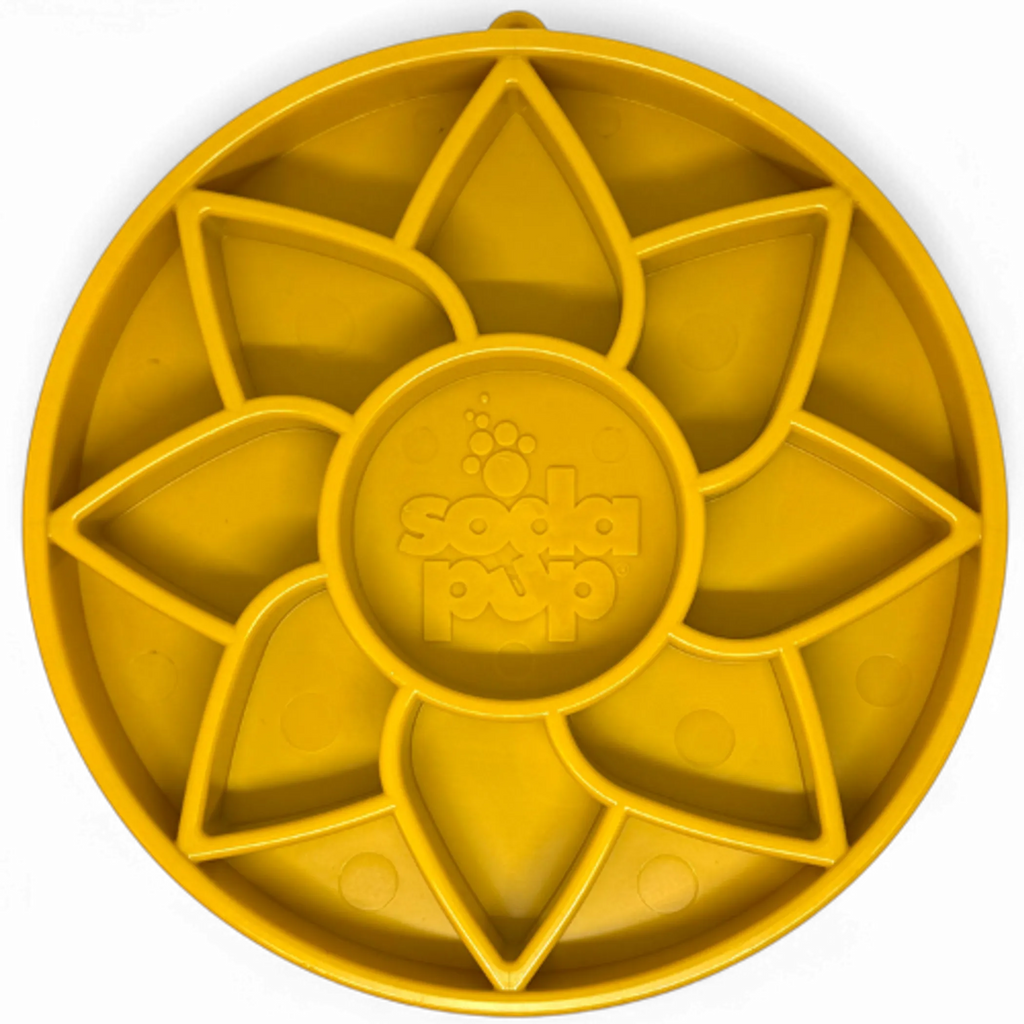 SodaPup Sunflower eTray shallow slow feeder dog bowl with sunflower design, made for enrichment and interactive feeding.