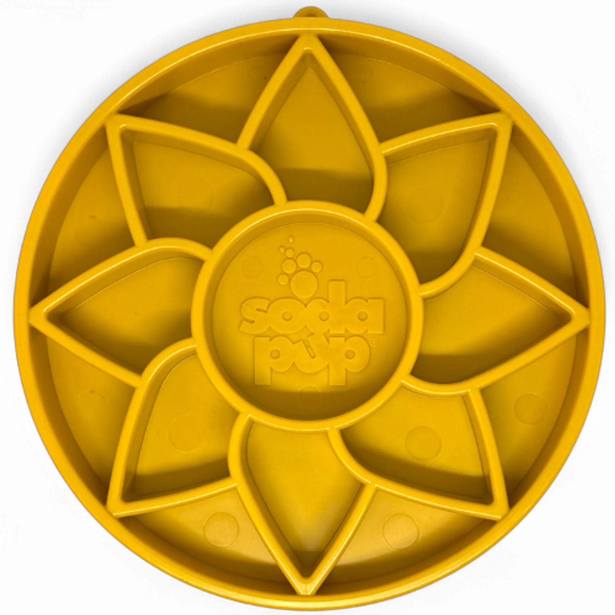 SodaPup Sunflower eTray shallow slow feeder dog bowl with sunflower design, used for pet enrichment and meal slowing.