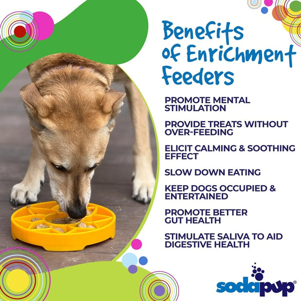 SodaPup sunflower-shaped shallow slow feeder dog bowl for enrichment, made of durable pet-safe material.