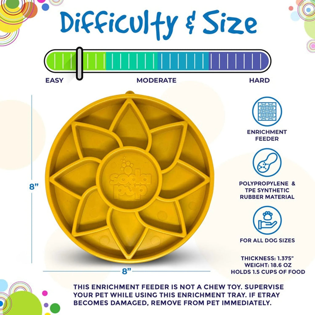 SodaPup Sunflower eTray shallow slow feeder dog bowl for enrichment, with sunflower design and durable pet bowl construction.