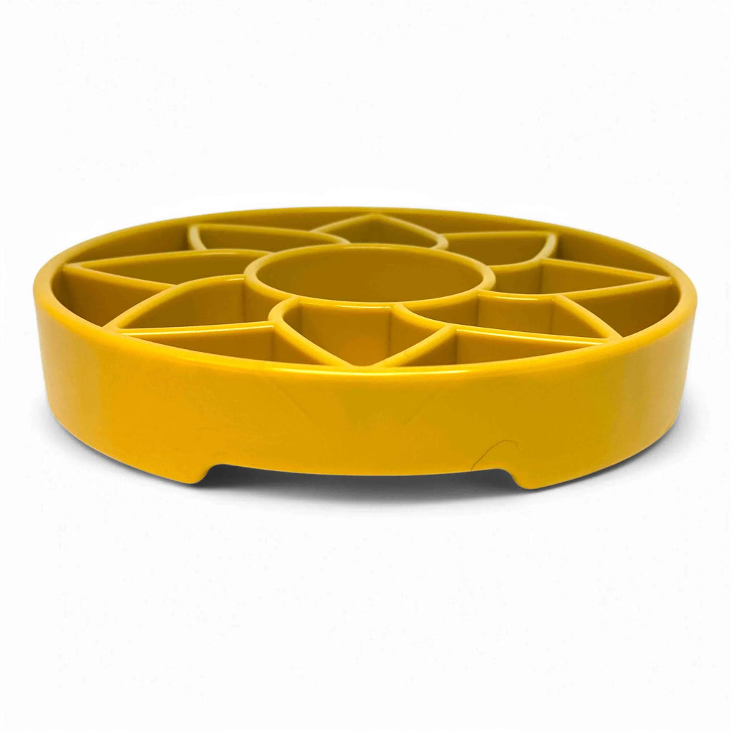 SodaPup sunflower-shaped shallow slow feeder dog bowl from Brandywines Time for enrichment and interactive feeding.