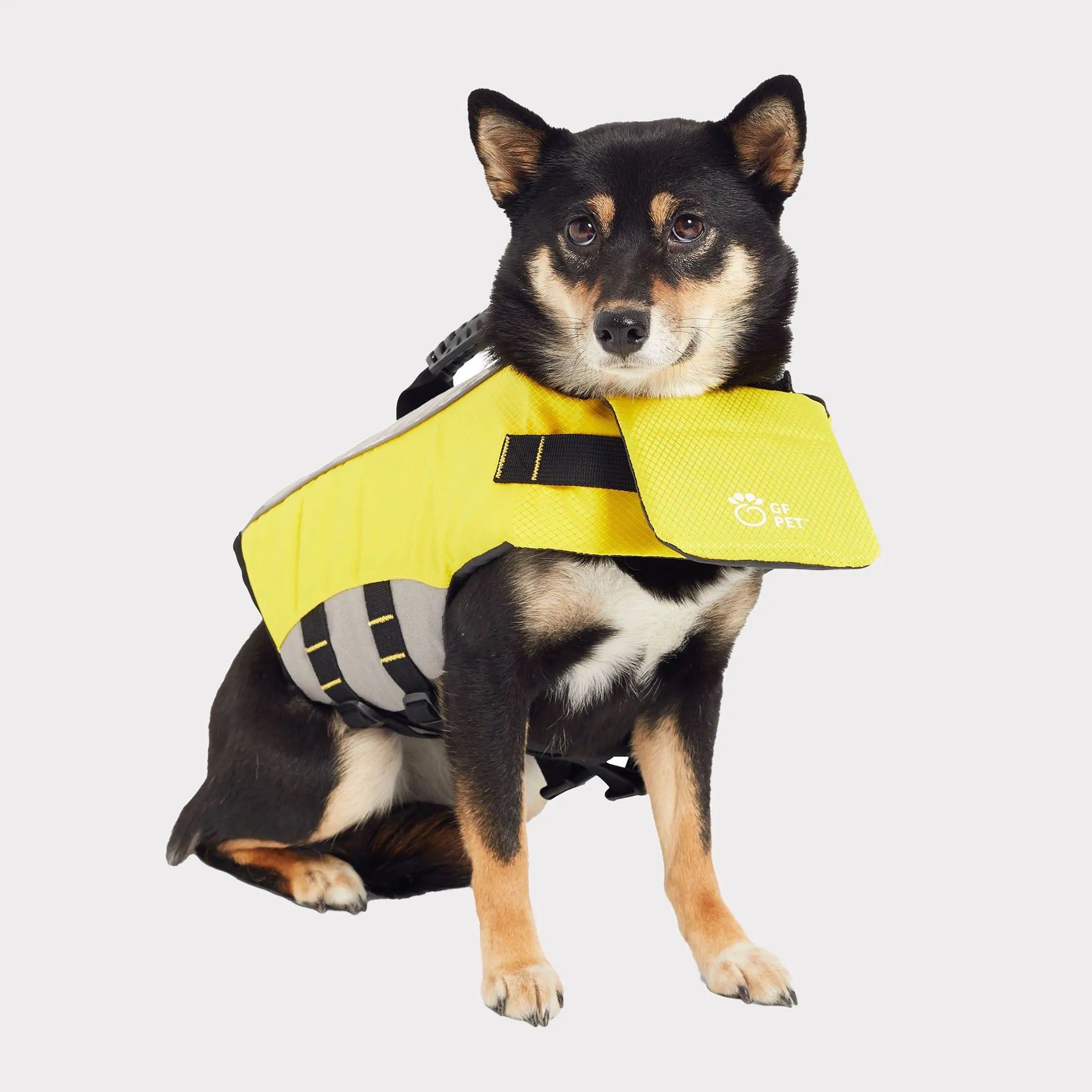 GF Pet Life Vest for dogs, lightweight pet apparel in bright orange with adjustable straps, designed for swimming and safety.