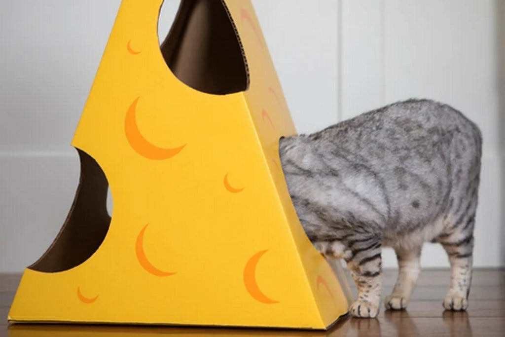Cat in the Box Monster Cheese Wedge cardboard cat house, cozy indoor toy for cats, featuring a fun cheese wedge design.
