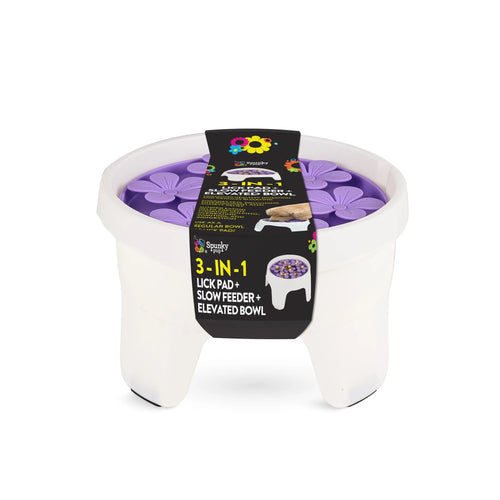 Spunky Pup 3-in-1 dog lick pad, slow feeder, and elevated bowl, colorful silicone toy for dogs feeding and entertainment.
