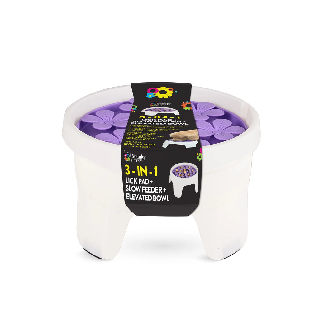 Spunky Pup 3-in-1 lick pad, slow feeder, and elevated dog bowl for interactive feeding and treats.