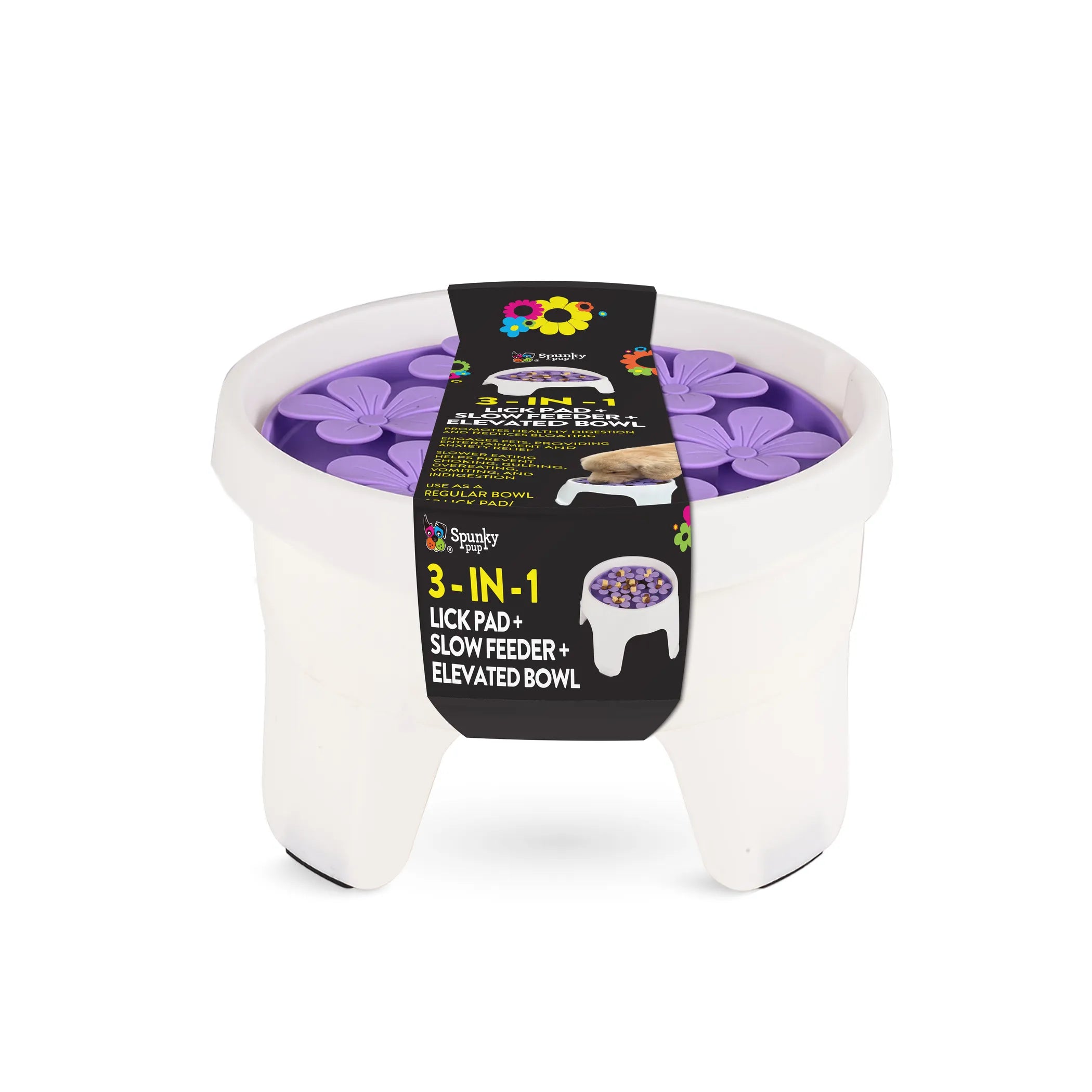 Spunky Pup 3-in-1 lick pad, slow feeder, and elevated dog bowl for interactive feeding and treats.