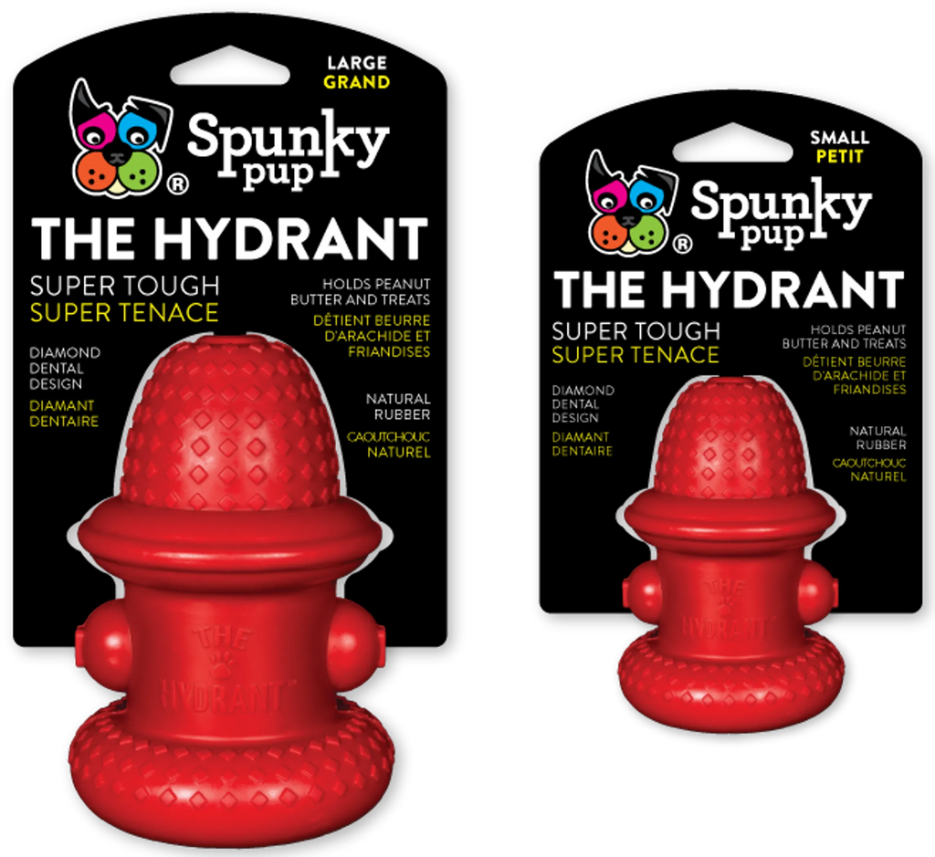 Spunky Pup rubber hydrant dog toy for chewing and interactive play, durable and colorful for active dogs.