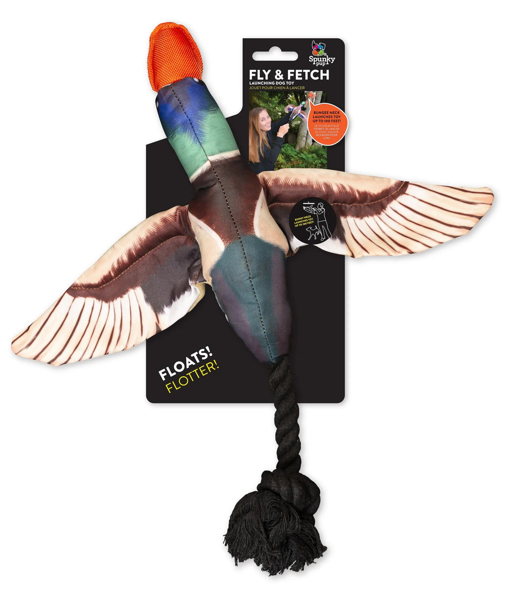 Spunky Pup Fly & Fetch launching dog toy for interactive play, featuring bright colors and durable material for fetch games.