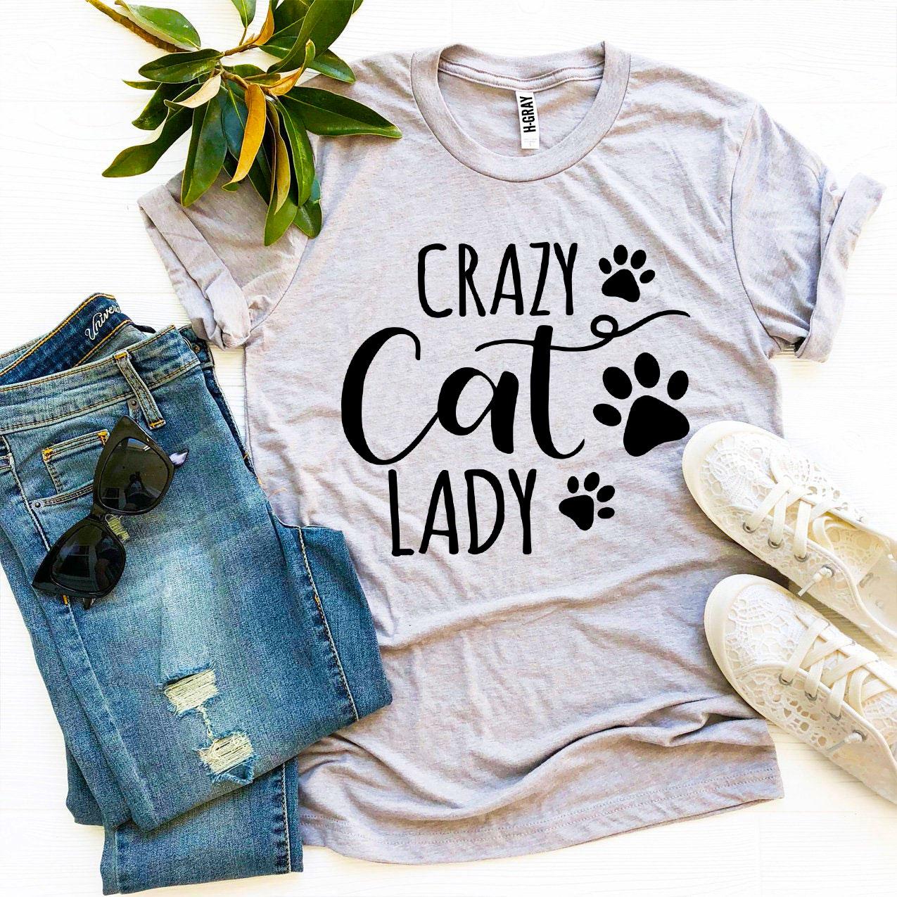 White Crazy Cat Lady T-shirt by Agate featuring a fun cat-themed graphic on the front.