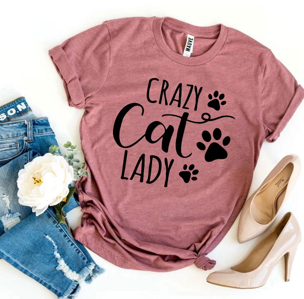 White Crazy Cat Lady T-shirt by Agate featuring playful cat graphics on the front.