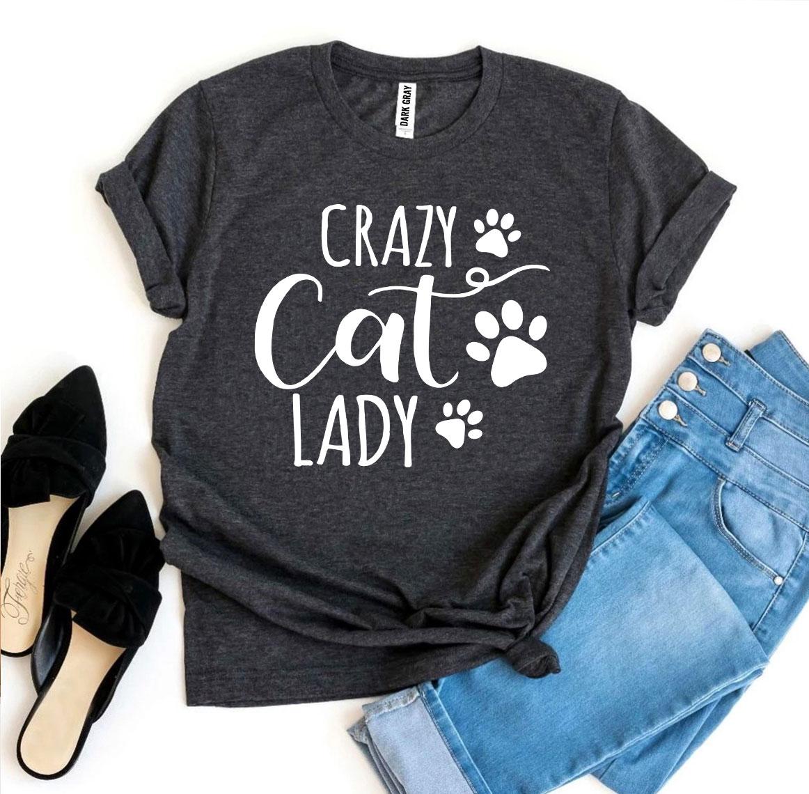 White Crazy Cat Lady T-shirt by Agate featuring playful cat graphics on the front.