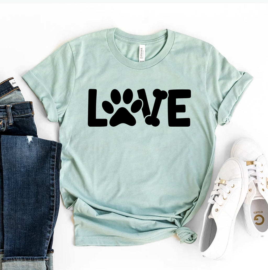 Heather blue Love Dog T-shirt by Agate featuring a playful dog graphic on a casual cotton T-shirt.