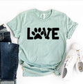 Heather blue Love Dog T-shirt by Agate featuring a playful dog graphic on a casual cotton T-shirt.