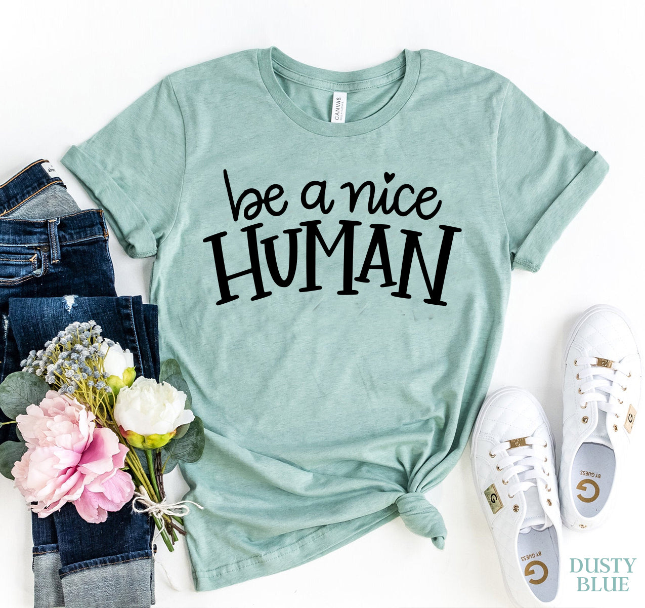 Dark gray Agate Be A Nice Human T-shirt with a casual fit, featuring a positive message on the front.