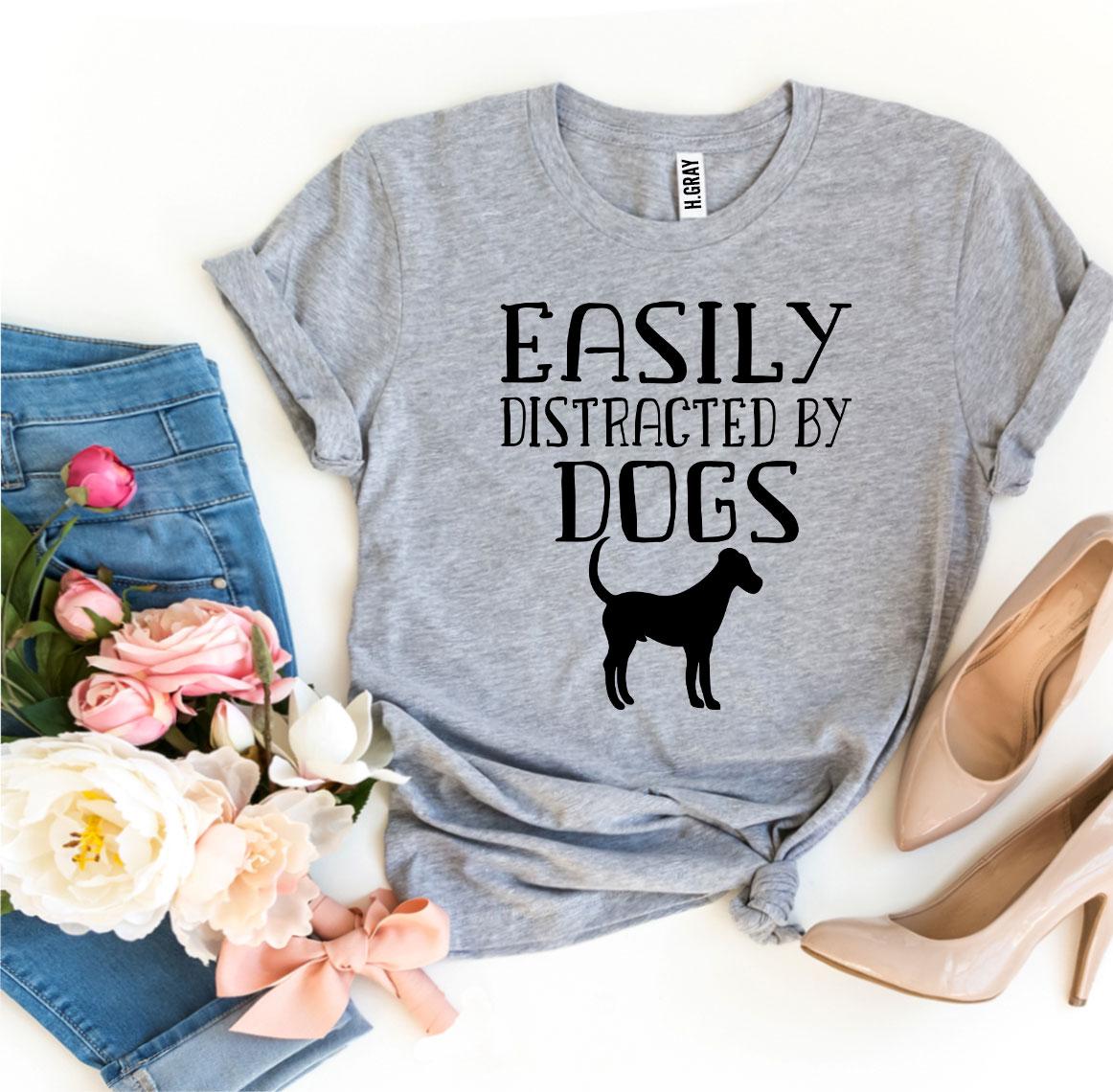 Heather gray Agate T-shirt featuring a playful "Easily Distracted By Dogs" graphic, casual fit, perfect for dog lovers.
