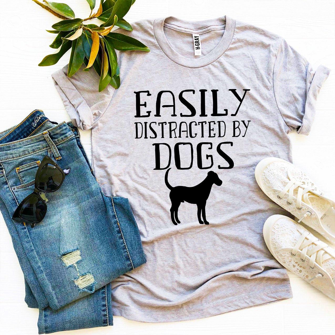 Heather gray Agate T-shirt featuring the "Easily Distracted By Dogs" graphic, casual fit, perfect for dog lovers.