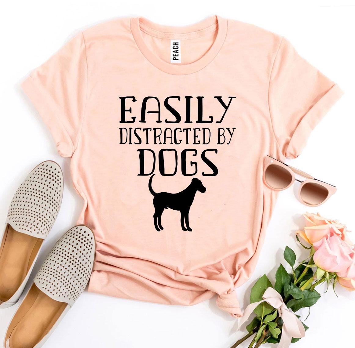 Heather gray Agate T-shirt featuring a fun "Easily Distracted By Dogs" graphic, casual and comfortable for dog lovers.