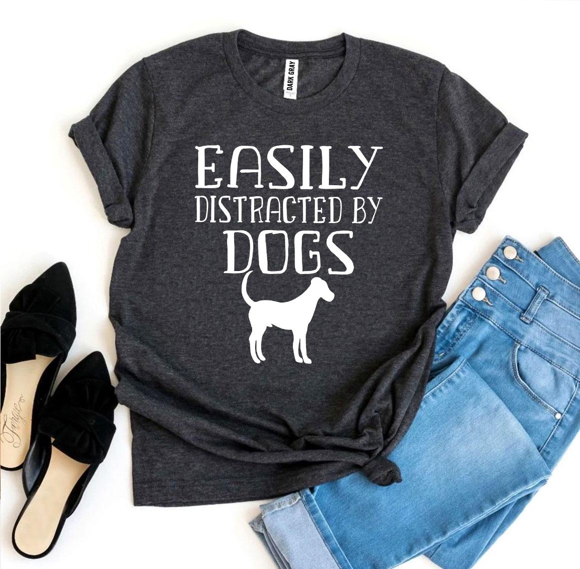 Heather gray Agate T-shirt featuring the phrase "Easily Distracted By Dogs" on the front, casual style and soft fabric.