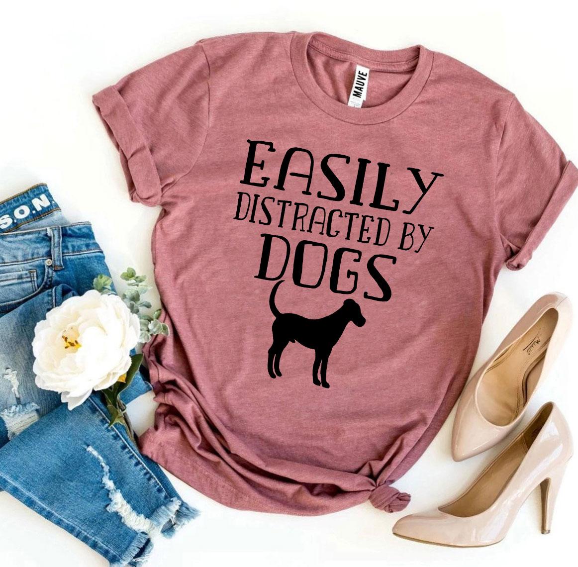 Heather gray Agate T-shirt featuring the text "Easily Distracted By Dogs" printed on the front, casual and comfortable fit.