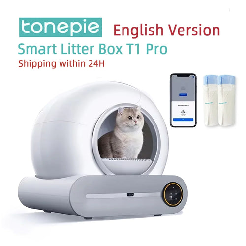 Automatic self-cleaning cat litter box in white with app control, designed for smart, hassle-free litter management.