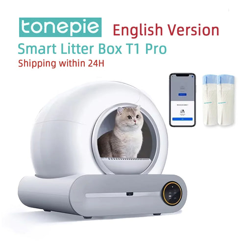 Automatic self-cleaning smart cat litter box with app control, 65L capacity, designed for easy maintenance and odor control.