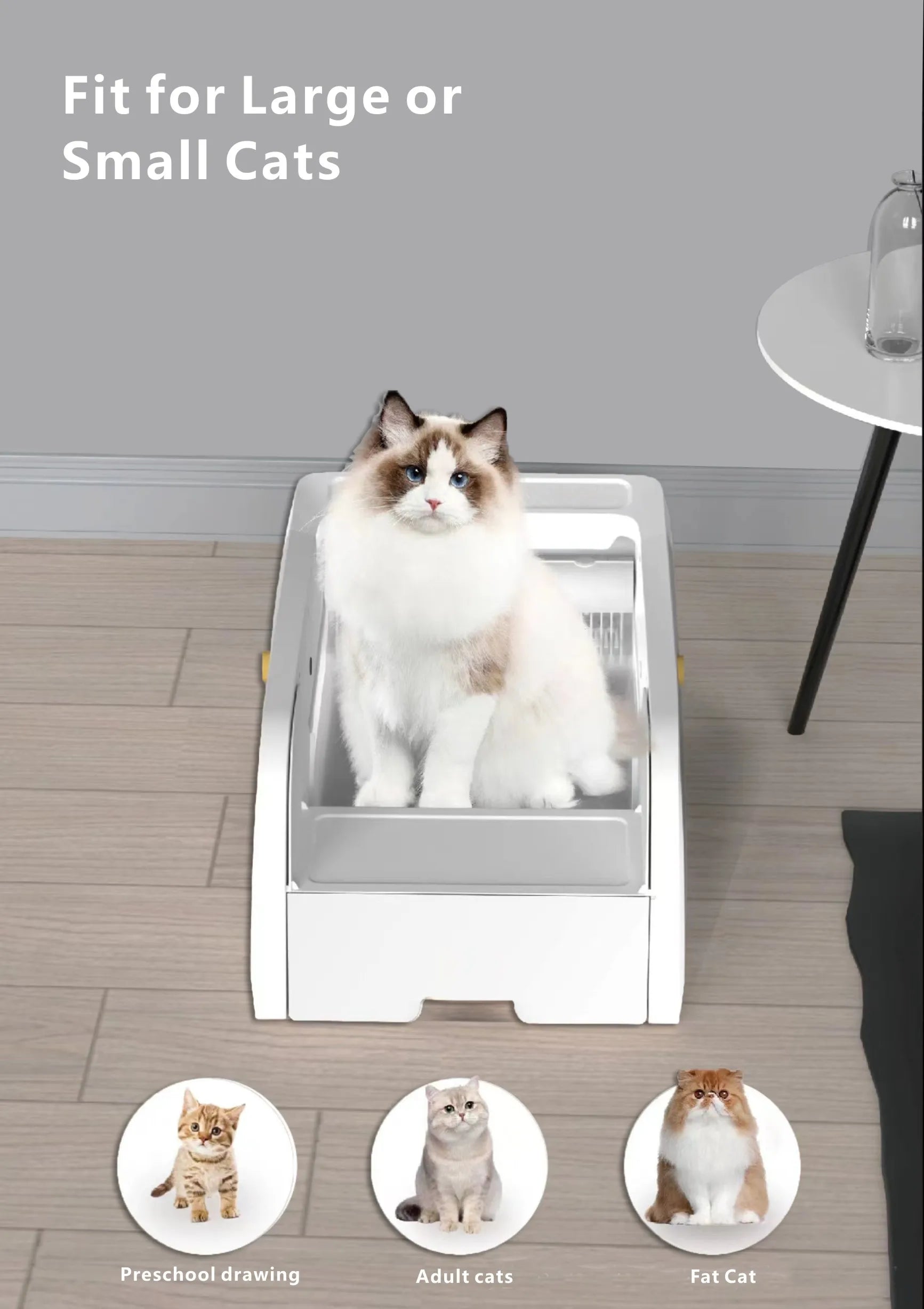 White automatic smart cat litter box with self-cleaning mechanism and semi-closed design for pet hygiene.