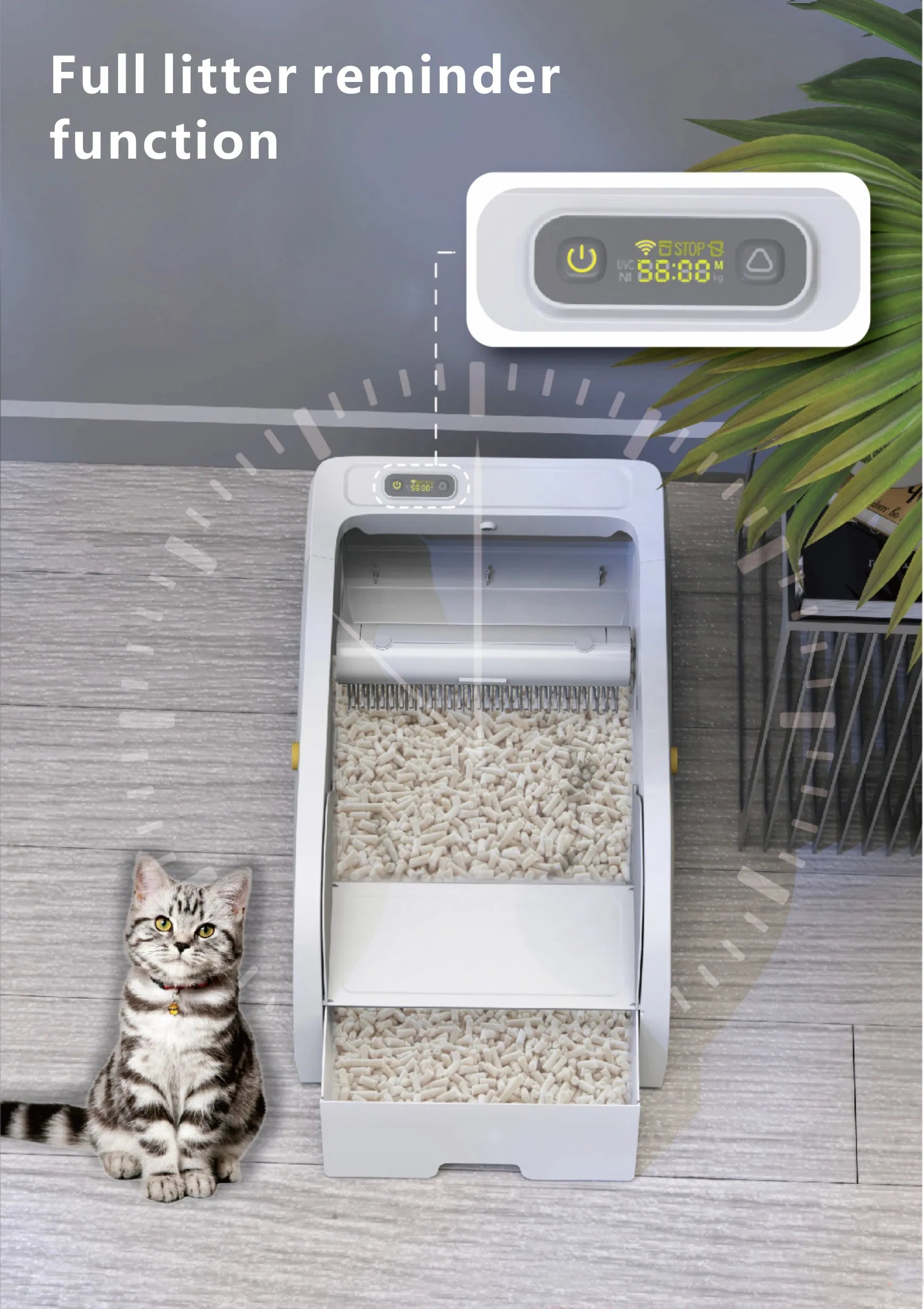 White automatic smart cat litter box with self-cleaning mechanism and semi-closed design for pets.