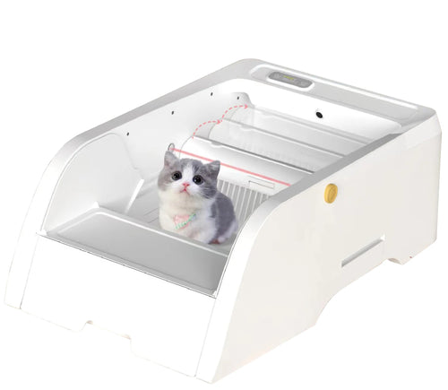 White automatic smart cat litter box with self-cleaning mechanism and semi-closed design for pet convenience.