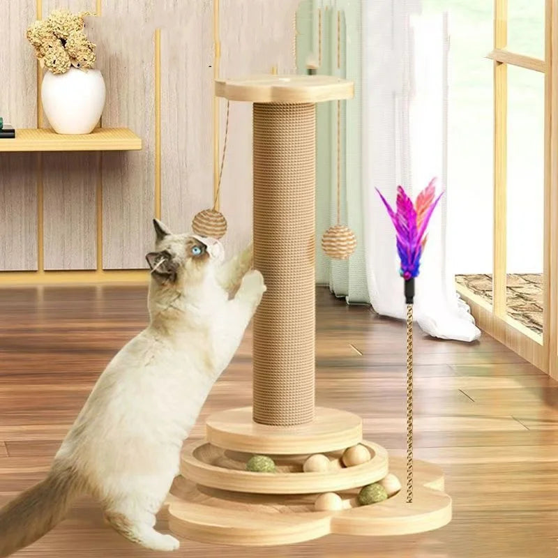Durable AliExpress cat scratch toy turntable with sisal scratching surface and solid wood base for cats to play and scratch.