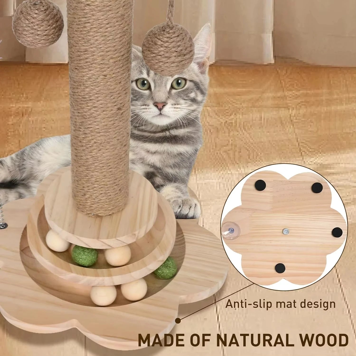 Durable AliExpress cat scratch toy with a solid wood turntable and sisal scratching surface for cats to play and scratch.