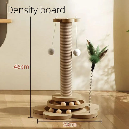 Durable cat scratch board toy with a turntable design made of solid wood and sisal for cats to scratch and play.