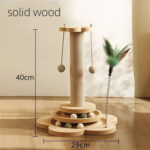 Durable wooden cat scratch board toy with turntable design and sisal scratching surface for cats.
