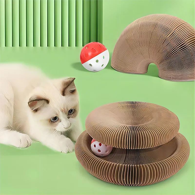 White foldable cat scratching board toy with magic organ design, perfect for cats to scratch and play.