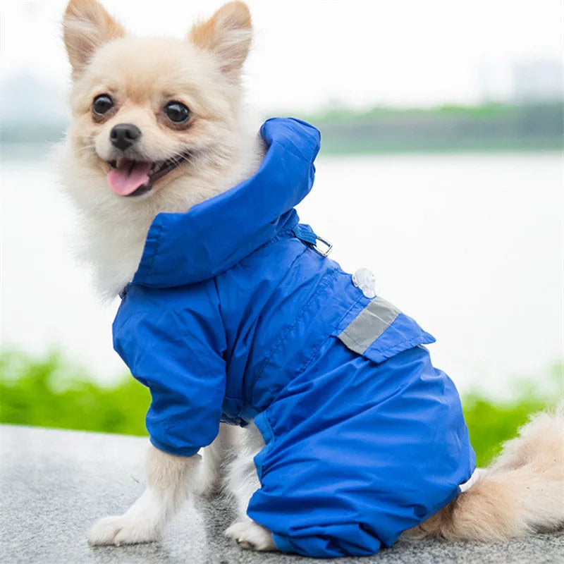 Yellow pet dog raincoat with reflective hood, outdoor puppy rainwear, waterproof dog apparel for outdoor walks.