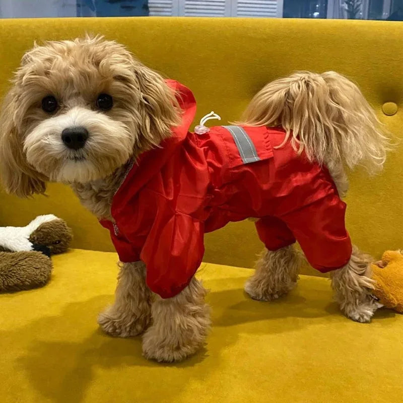 Yellow reflective hooded raincoat for dogs, outdoor puppy pet rainwear, AliExpress dog apparel, suitable for rainy weather.