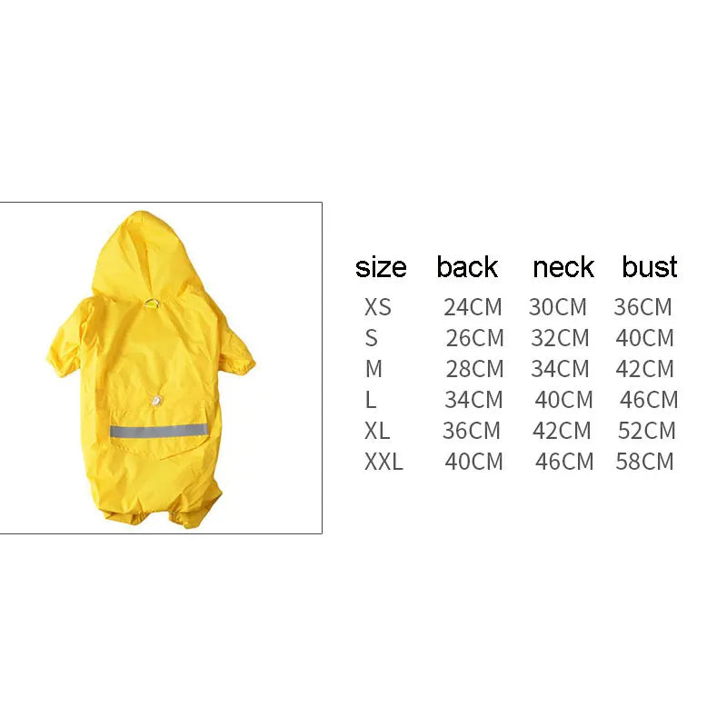 Yellow reflective hooded raincoat for dogs, outdoor pet rainwear, suitable for puppies and large dogs, provides weather protection.
