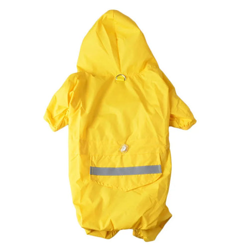 Yellow pet dog raincoat with reflective hood, outdoor puppy rainwear, made by AliExpress, designed for waterproof protection.