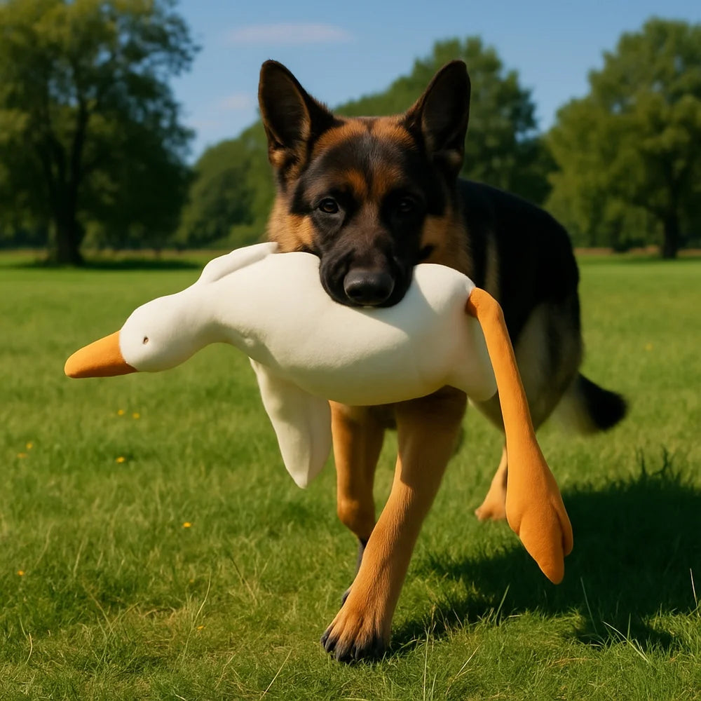 Large plush white duck dog toy with realistic goose design, 90cm soft plush dog toy suitable for pets.
