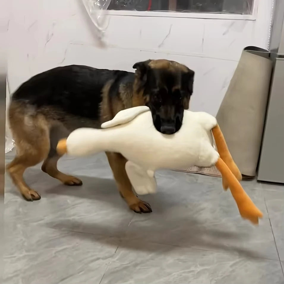 Large plush white duck dog toy with realistic goose design, perfect for dogs, 90cm long, soft and cuddly.
