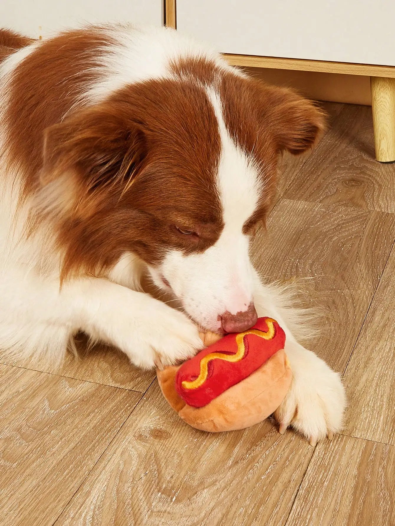 Yellow hot dog design dog toy with squeaky plush material for grinding teeth and durable chewing, perfect for dogs.