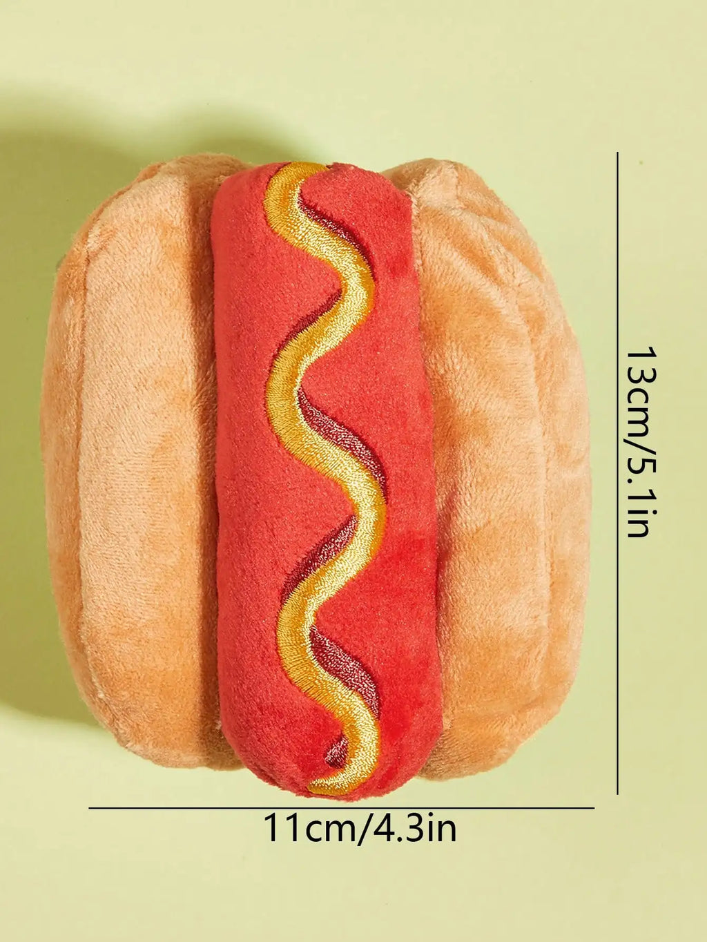 Yellow hot dog design dog toy with squeaky plush material, durable chew toy for pets to grind teeth and play.